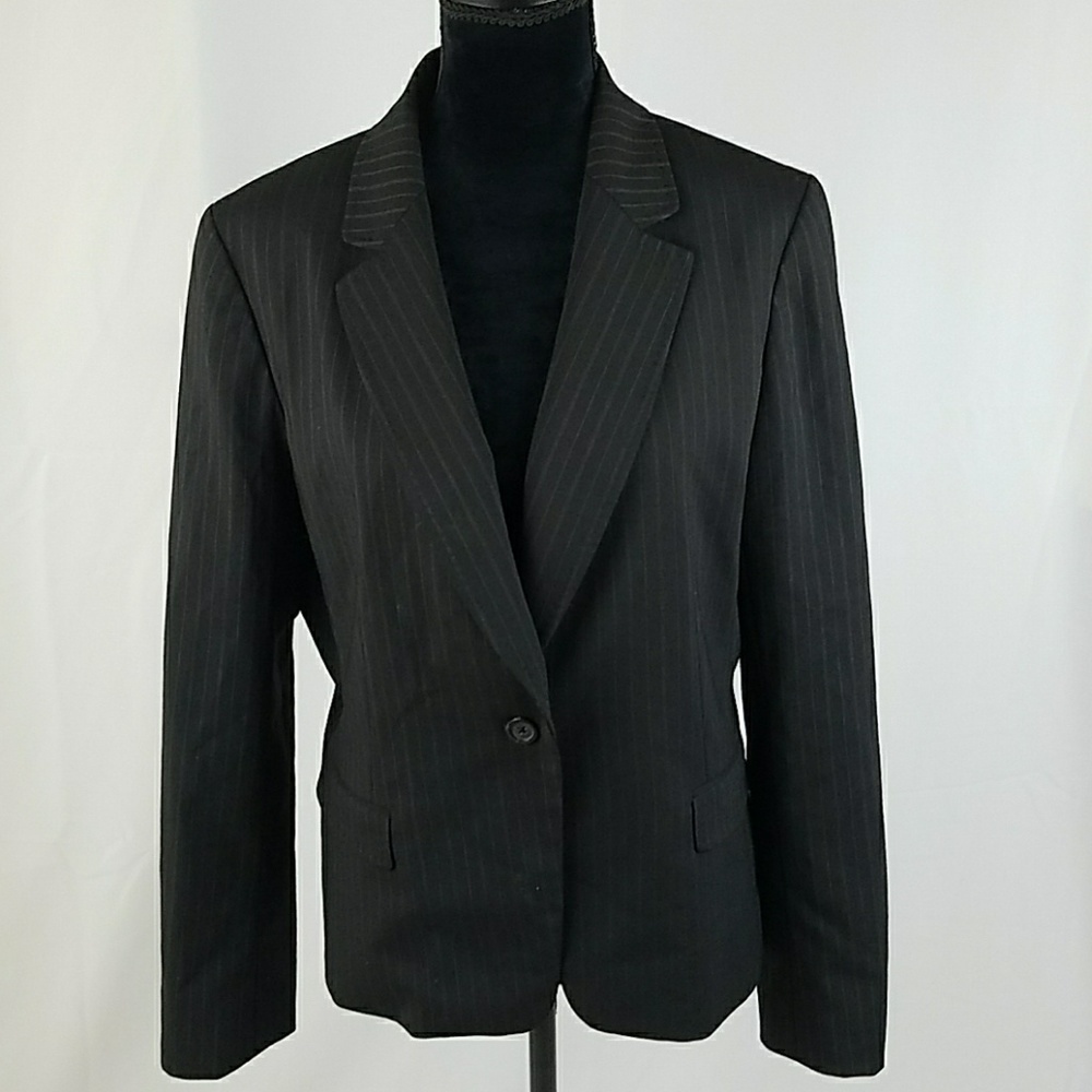 Elie Tahari women 0 black wool career blazer jacket pinstriped career Academia‎